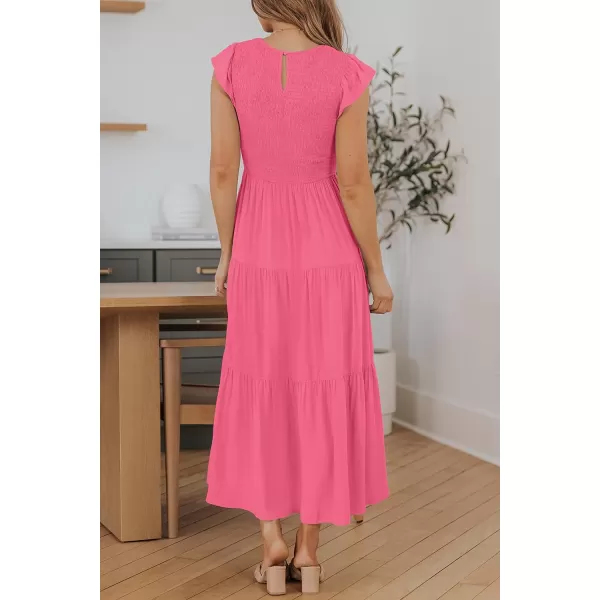 imageZESICA Womens 2023 Summer Casual Flutter Short Sleeve Crew Neck Smocked Elastic Waist Tiered Midi DressHotpink