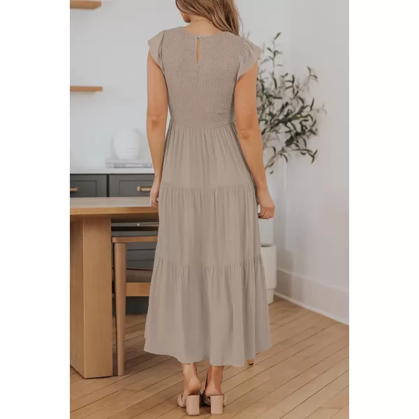 imageZESICA Womens 2023 Summer Casual Flutter Short Sleeve Crew Neck Smocked Elastic Waist Tiered Midi DressLightkhaki