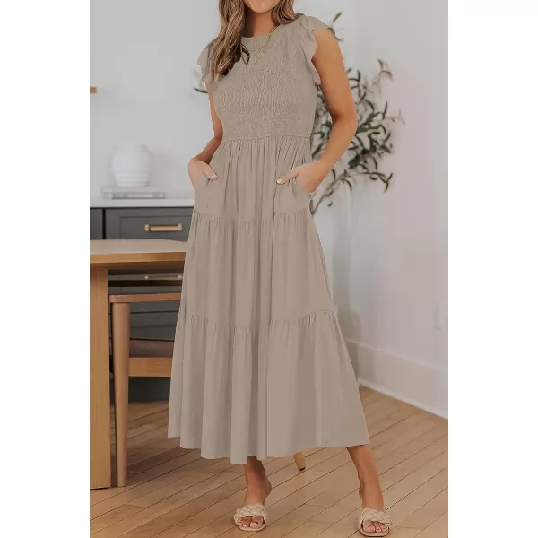 imageZESICA Womens 2023 Summer Casual Flutter Short Sleeve Crew Neck Smocked Elastic Waist Tiered Midi DressLightkhaki