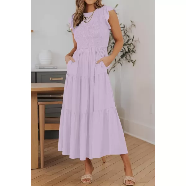 imageZESICA Womens 2023 Summer Casual Flutter Short Sleeve Crew Neck Smocked Elastic Waist Tiered Midi DressLightpurple