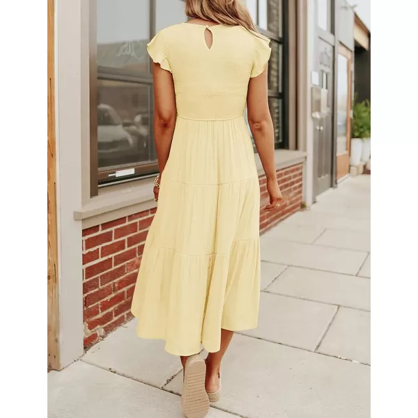 imageZESICA Womens 2023 Summer Casual Flutter Short Sleeve Crew Neck Smocked Elastic Waist Tiered Midi DressLightyellow