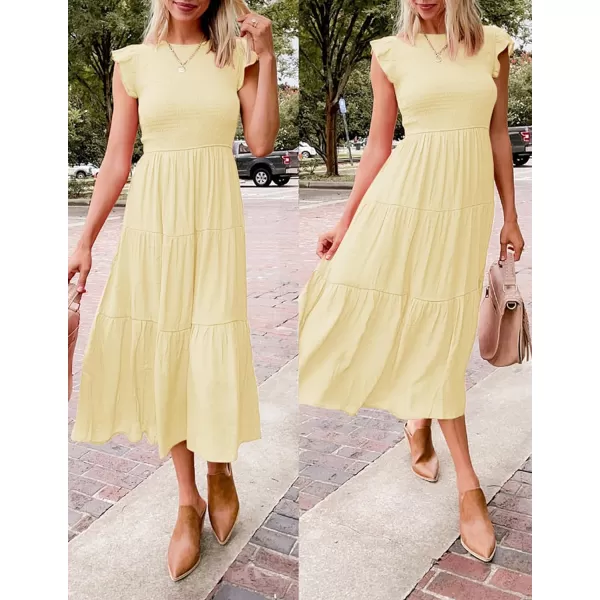 imageZESICA Womens 2023 Summer Casual Flutter Short Sleeve Crew Neck Smocked Elastic Waist Tiered Midi DressLightyellow