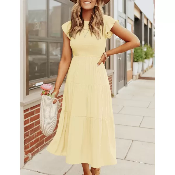 imageZESICA Womens 2023 Summer Casual Flutter Short Sleeve Crew Neck Smocked Elastic Waist Tiered Midi DressLightyellow