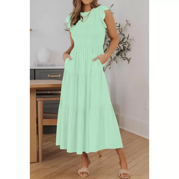 imageZESICA Womens 2023 Summer Casual Flutter Short Sleeve Crew Neck Smocked Elastic Waist Tiered Midi DressMint