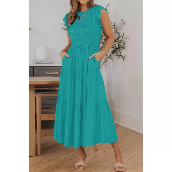 imageZESICA Womens 2023 Summer Casual Flutter Short Sleeve Crew Neck Smocked Elastic Waist Tiered Midi DressPeacock