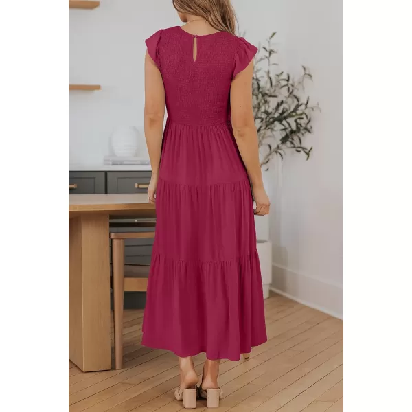 imageZESICA Womens 2023 Summer Casual Flutter Short Sleeve Crew Neck Smocked Elastic Waist Tiered Midi DressPlum