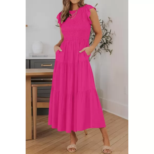 imageZESICA Womens 2023 Summer Casual Flutter Short Sleeve Crew Neck Smocked Elastic Waist Tiered Midi DressRose