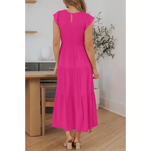imageZESICA Womens 2023 Summer Casual Flutter Short Sleeve Crew Neck Smocked Elastic Waist Tiered Midi DressRose