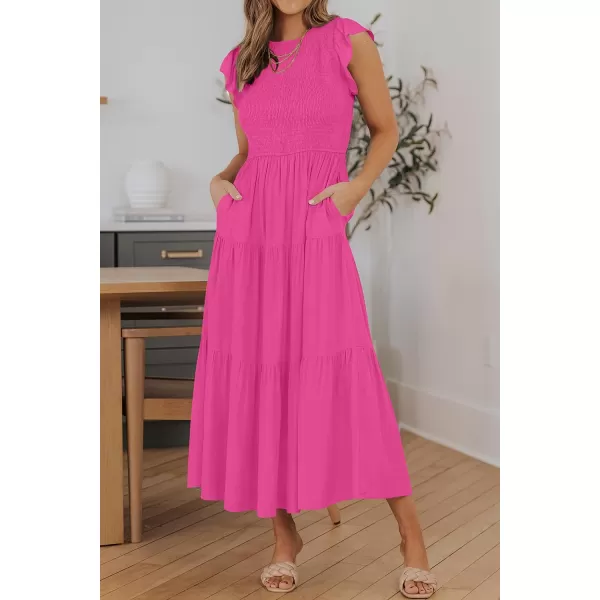 imageZESICA Womens 2023 Summer Casual Flutter Short Sleeve Crew Neck Smocked Elastic Waist Tiered Midi DressRosepink