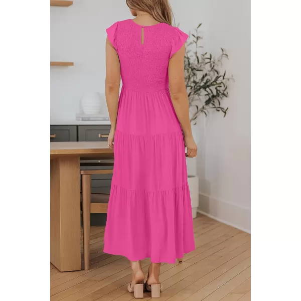 imageZESICA Womens 2023 Summer Casual Flutter Short Sleeve Crew Neck Smocked Elastic Waist Tiered Midi DressRosepink