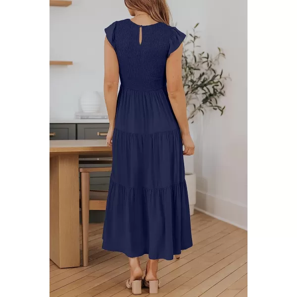 imageZESICA Womens 2023 Summer Casual Flutter Short Sleeve Crew Neck Smocked Elastic Waist Tiered Midi DressRoyalblue