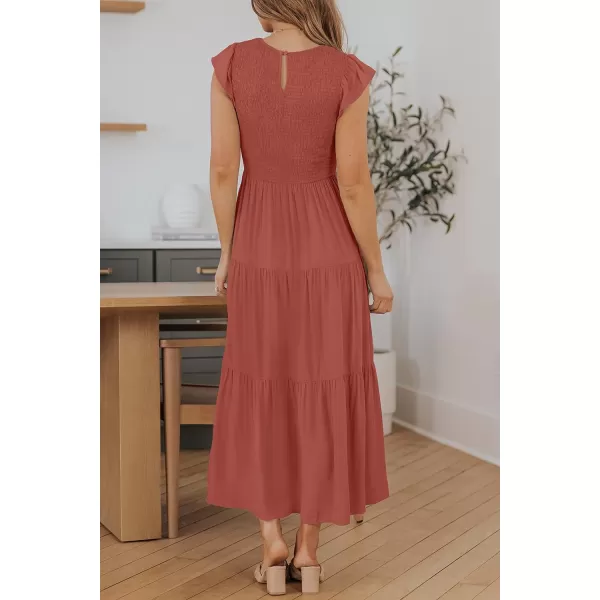 imageZESICA Womens 2023 Summer Casual Flutter Short Sleeve Crew Neck Smocked Elastic Waist Tiered Midi DressRust