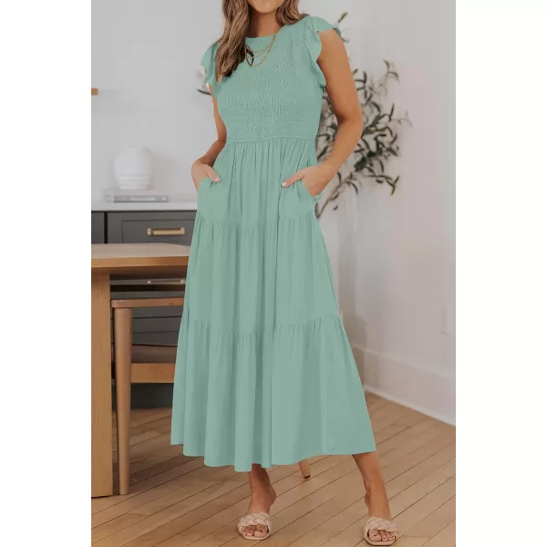 imageZESICA Womens 2023 Summer Casual Flutter Short Sleeve Crew Neck Smocked Elastic Waist Tiered Midi DressSage