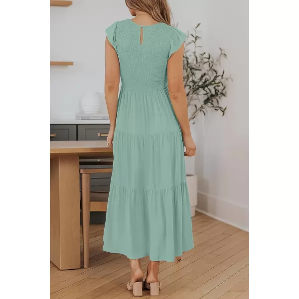 imageZESICA Womens 2023 Summer Casual Flutter Short Sleeve Crew Neck Smocked Elastic Waist Tiered Midi DressSage