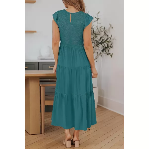 imageZESICA Womens 2023 Summer Casual Flutter Short Sleeve Crew Neck Smocked Elastic Waist Tiered Midi DressTealgreen