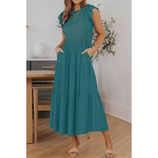 imageZESICA Womens 2023 Summer Casual Flutter Short Sleeve Crew Neck Smocked Elastic Waist Tiered Midi DressTealgreen