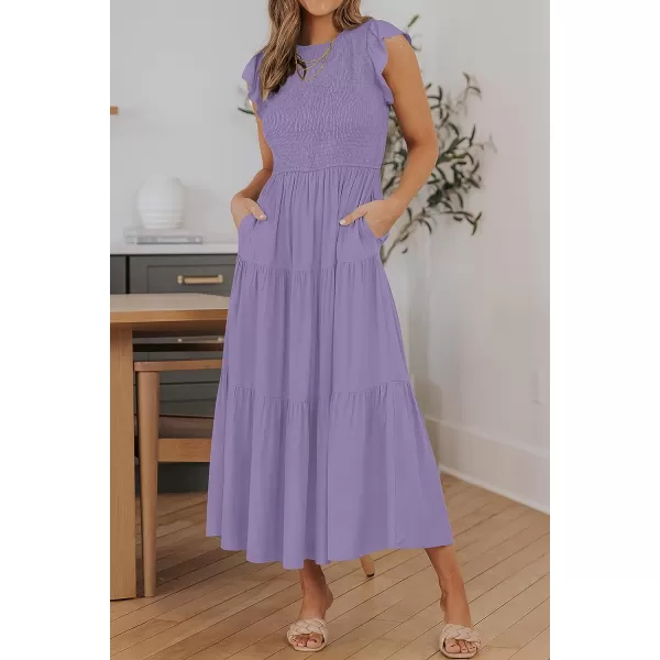 imageZESICA Womens 2023 Summer Casual Flutter Short Sleeve Crew Neck Smocked Elastic Waist Tiered Midi DressViolet