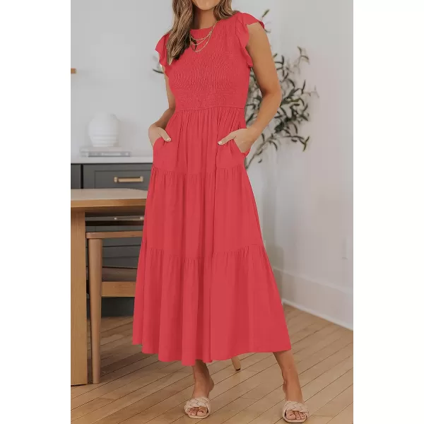 imageZESICA Womens 2023 Summer Casual Flutter Short Sleeve Crew Neck Smocked Elastic Waist Tiered Midi DressWatermelonred