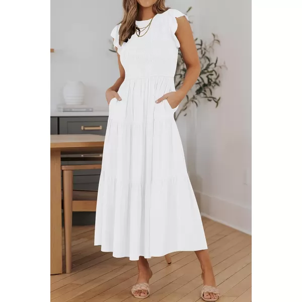imageZESICA Womens 2023 Summer Casual Flutter Short Sleeve Crew Neck Smocked Elastic Waist Tiered Midi DressWhite