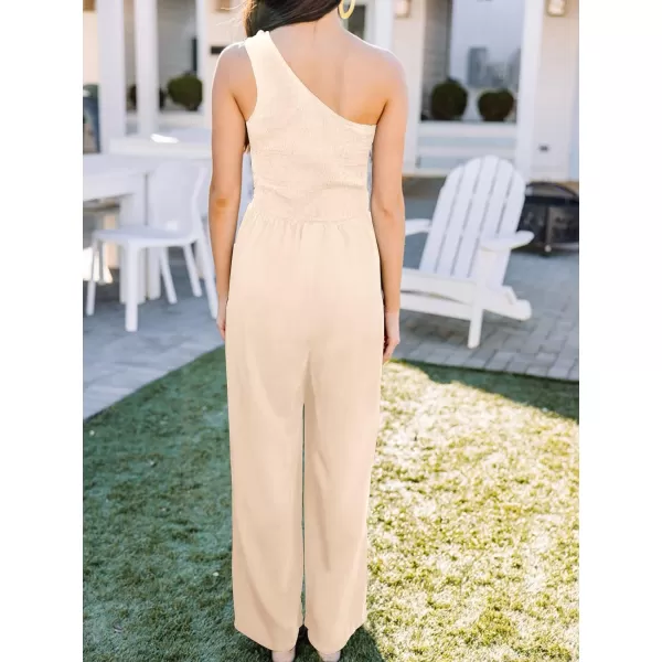imageZESICA Womens 2023 Summer Casual One Shoulder Sleeveless Smocked High Waist Loose Wide Leg Jumpsuit Romper with PocketsApricot
