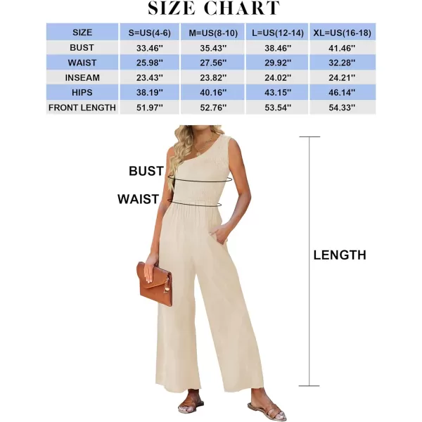 imageZESICA Womens 2023 Summer Casual One Shoulder Sleeveless Smocked High Waist Loose Wide Leg Jumpsuit Romper with PocketsApricot