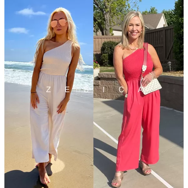imageZESICA Womens 2023 Summer Casual One Shoulder Sleeveless Smocked High Waist Loose Wide Leg Jumpsuit Romper with PocketsApricot