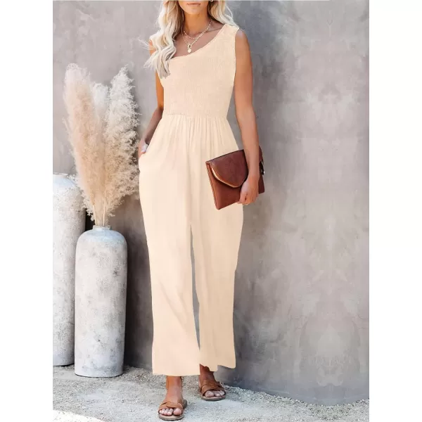 imageZESICA Womens 2023 Summer Casual One Shoulder Sleeveless Smocked High Waist Loose Wide Leg Jumpsuit Romper with PocketsApricot