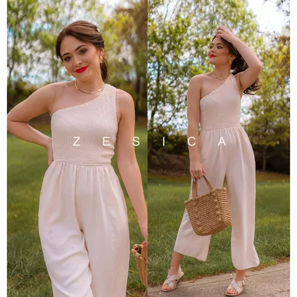 imageZESICA Womens 2023 Summer Casual One Shoulder Sleeveless Smocked High Waist Loose Wide Leg Jumpsuit Romper with PocketsApricot