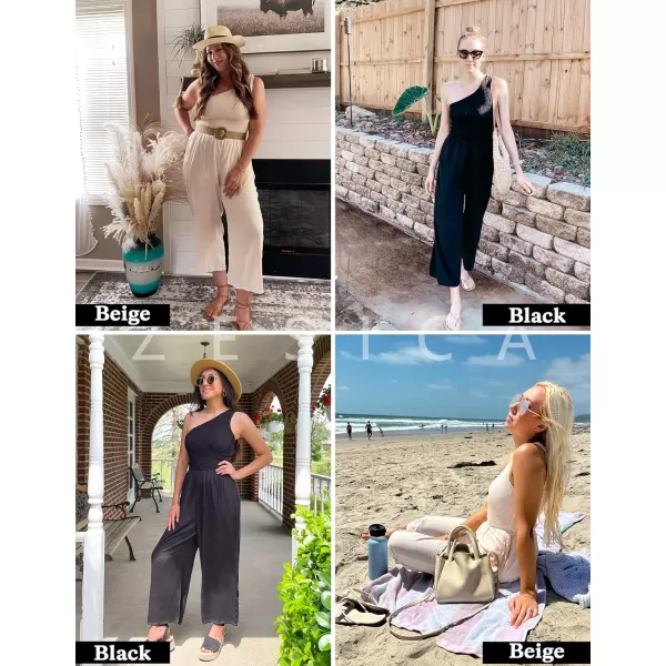 imageZESICA Womens 2023 Summer Casual One Shoulder Sleeveless Smocked High Waist Loose Wide Leg Jumpsuit Romper with PocketsArmygreen