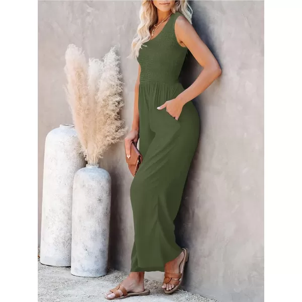 imageZESICA Womens 2023 Summer Casual One Shoulder Sleeveless Smocked High Waist Loose Wide Leg Jumpsuit Romper with PocketsArmygreen