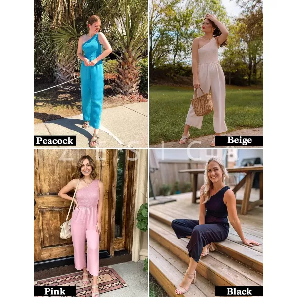 imageZESICA Womens 2023 Summer Casual One Shoulder Sleeveless Smocked High Waist Loose Wide Leg Jumpsuit Romper with PocketsArmygreen