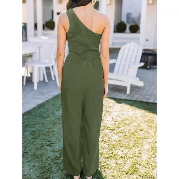 imageZESICA Womens 2023 Summer Casual One Shoulder Sleeveless Smocked High Waist Loose Wide Leg Jumpsuit Romper with PocketsArmygreen