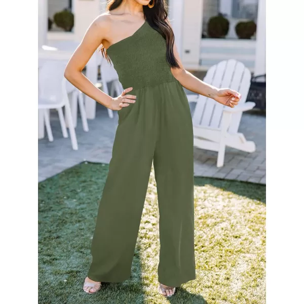 imageZESICA Womens 2023 Summer Casual One Shoulder Sleeveless Smocked High Waist Loose Wide Leg Jumpsuit Romper with PocketsArmygreen