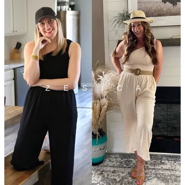 imageZESICA Womens 2023 Summer Casual One Shoulder Sleeveless Smocked High Waist Loose Wide Leg Jumpsuit Romper with PocketsBlack