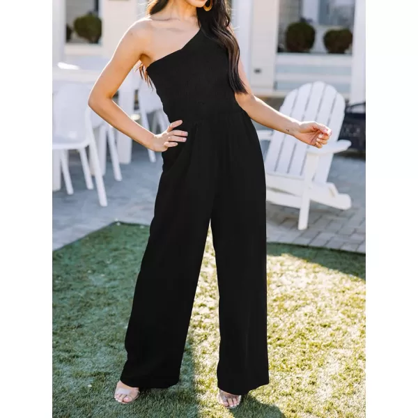 imageZESICA Womens 2023 Summer Casual One Shoulder Sleeveless Smocked High Waist Loose Wide Leg Jumpsuit Romper with PocketsBlack