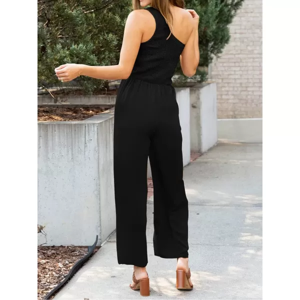 imageZESICA Womens 2023 Summer Casual One Shoulder Sleeveless Smocked High Waist Loose Wide Leg Jumpsuit Romper with PocketsBlack
