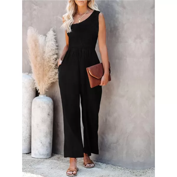 imageZESICA Womens 2023 Summer Casual One Shoulder Sleeveless Smocked High Waist Loose Wide Leg Jumpsuit Romper with PocketsBlack