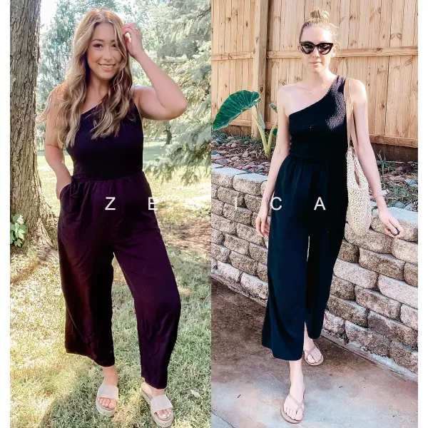 imageZESICA Womens 2023 Summer Casual One Shoulder Sleeveless Smocked High Waist Loose Wide Leg Jumpsuit Romper with PocketsBlack