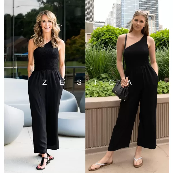 imageZESICA Womens 2023 Summer Casual One Shoulder Sleeveless Smocked High Waist Loose Wide Leg Jumpsuit Romper with PocketsBlack