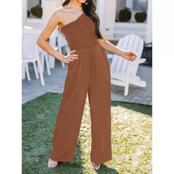 imageZESICA Womens 2023 Summer Casual One Shoulder Sleeveless Smocked High Waist Loose Wide Leg Jumpsuit Romper with PocketsCaramel