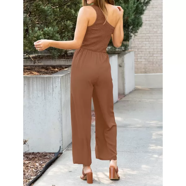 imageZESICA Womens 2023 Summer Casual One Shoulder Sleeveless Smocked High Waist Loose Wide Leg Jumpsuit Romper with PocketsCaramel
