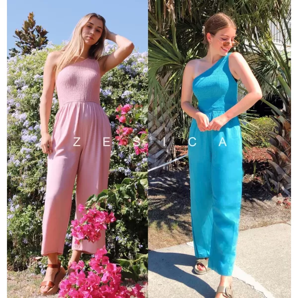 imageZESICA Womens 2023 Summer Casual One Shoulder Sleeveless Smocked High Waist Loose Wide Leg Jumpsuit Romper with PocketsDustypink