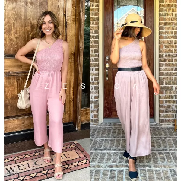 imageZESICA Womens 2023 Summer Casual One Shoulder Sleeveless Smocked High Waist Loose Wide Leg Jumpsuit Romper with PocketsDustypink
