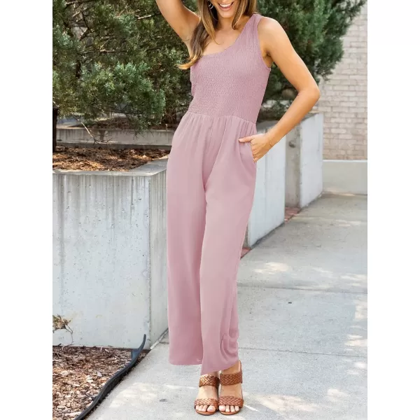 imageZESICA Womens 2023 Summer Casual One Shoulder Sleeveless Smocked High Waist Loose Wide Leg Jumpsuit Romper with PocketsDustypink