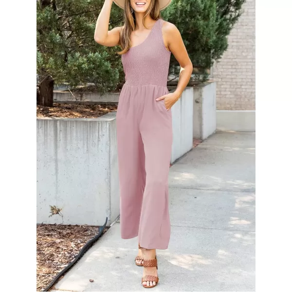 imageZESICA Womens 2023 Summer Casual One Shoulder Sleeveless Smocked High Waist Loose Wide Leg Jumpsuit Romper with PocketsDustypink