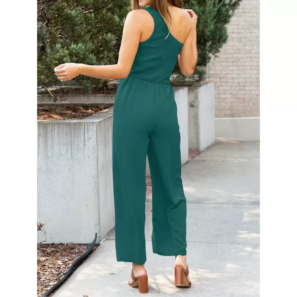 imageZESICA Womens 2023 Summer Casual One Shoulder Sleeveless Smocked High Waist Loose Wide Leg Jumpsuit Romper with PocketsForestgreen