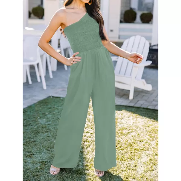 imageZESICA Womens 2023 Summer Casual One Shoulder Sleeveless Smocked High Waist Loose Wide Leg Jumpsuit Romper with PocketsGreygreen