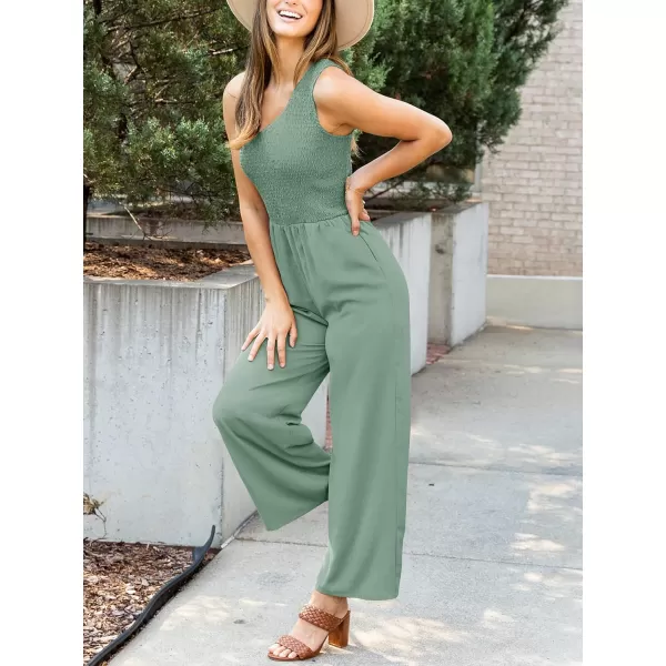 imageZESICA Womens 2023 Summer Casual One Shoulder Sleeveless Smocked High Waist Loose Wide Leg Jumpsuit Romper with PocketsGreygreen