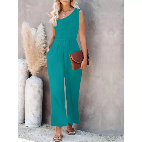 imageZESICA Womens 2023 Summer Casual One Shoulder Sleeveless Smocked High Waist Loose Wide Leg Jumpsuit Romper with PocketsLakegreen
