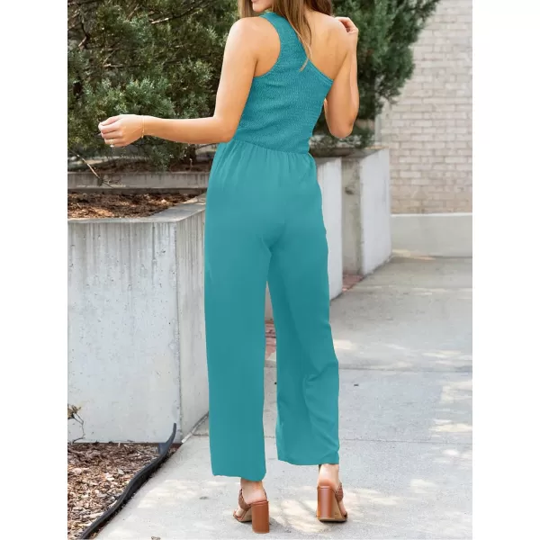 imageZESICA Womens 2023 Summer Casual One Shoulder Sleeveless Smocked High Waist Loose Wide Leg Jumpsuit Romper with PocketsLakegreen